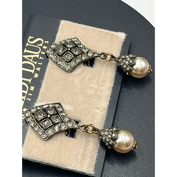 HEIDI DAUS Crystal Pave Diamond Pearl Drop Dangle Earrings Vintage Style Glamour - Picture 4 of 11